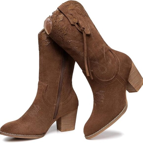 NEW! Women: Western Country High Heel Boots Suede Zipper Mid Calf Booties Brown - Picture 1 of 5